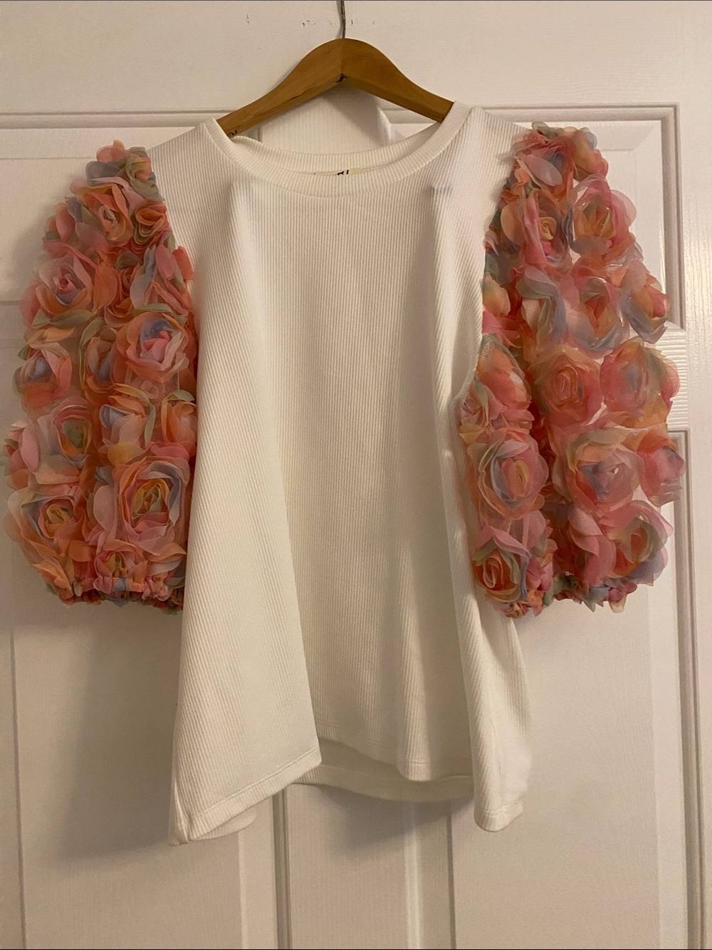 BiBi White Top with Pastel Rose Appliqué Puff Sleeves